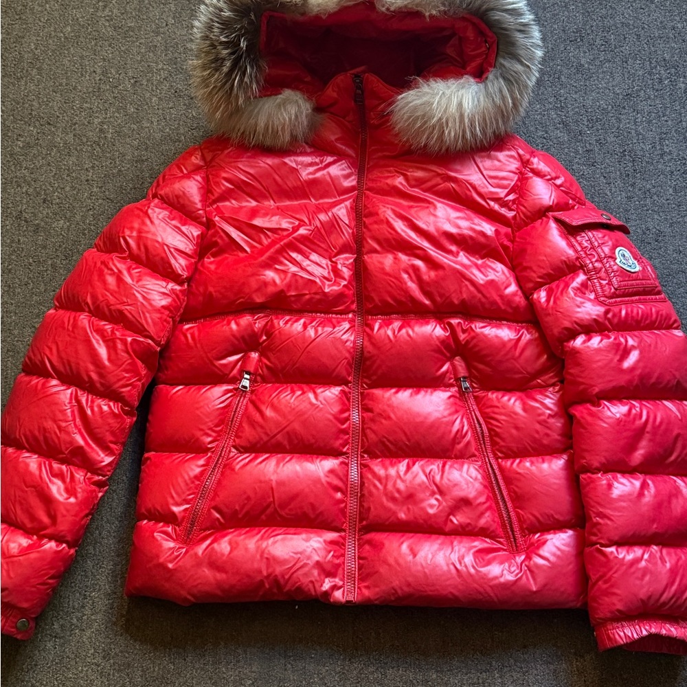 Moncler Red Puffer Jacket with Fur